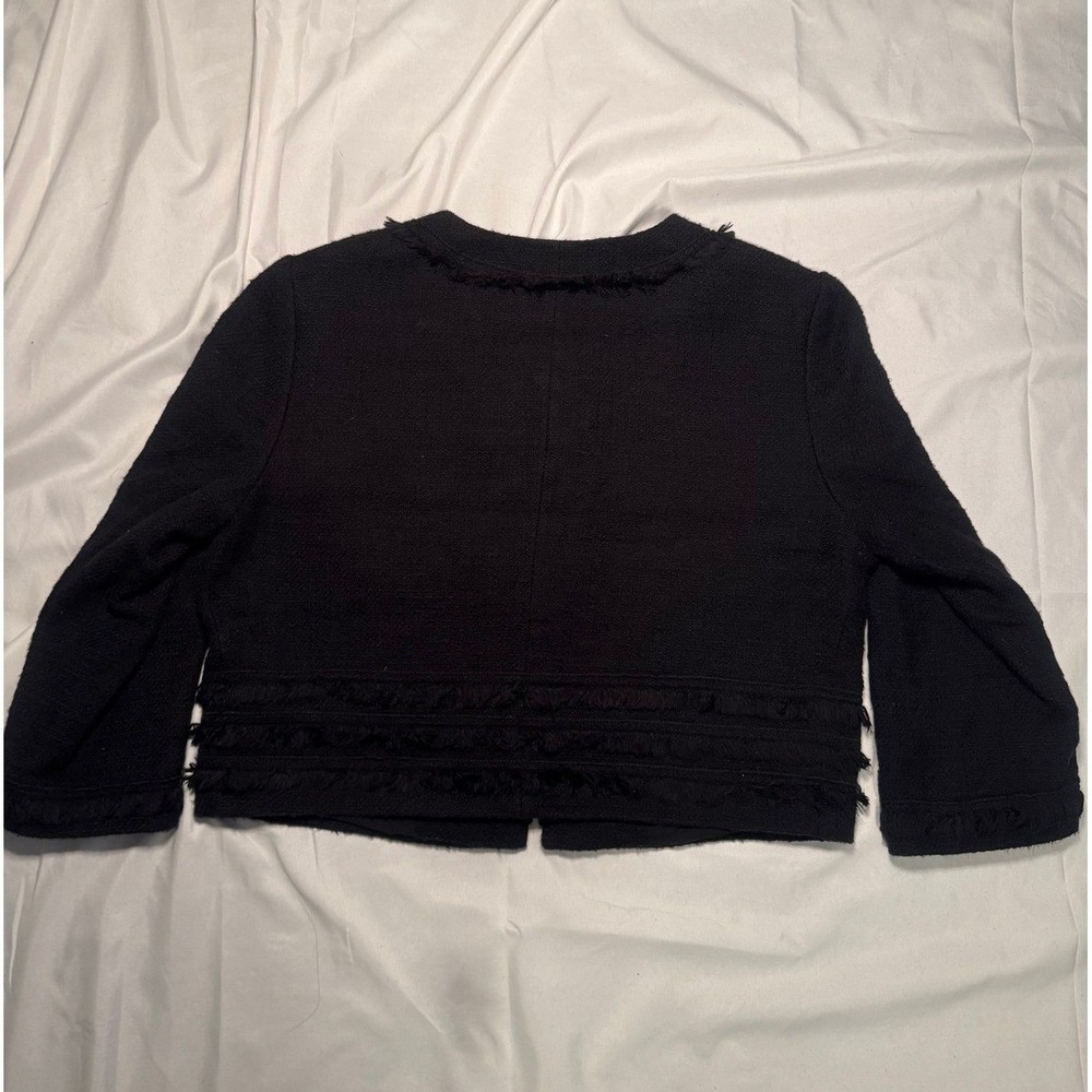 Karl Lagerfeld Paris Jacket Womens Black Cropped Fringe Trim Luxury Tweed Blazer - Picture 2 of 6